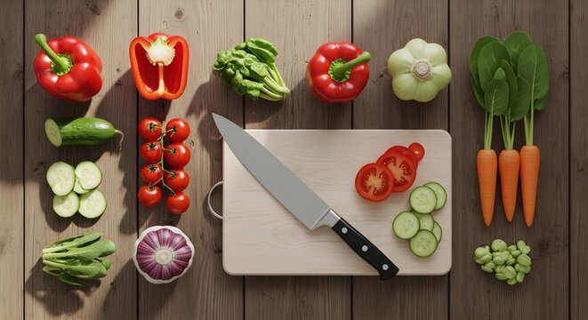 Flat lay photograph of assorted fresh vegetables, including red bell peppers, cucumbers, cherry tomatoes, and carrots, arranged on a wooden surface with a chef's knife - Powered by Adobe