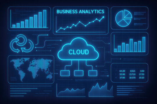 Neon blue business analytics dashboard with world map, charts, graphs, and cloud data icons image photo