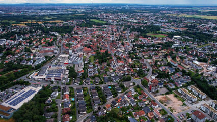 Aerial panorama view of the old town in the city Zirndorf in Bavaria in Germany on a sunny day in spring