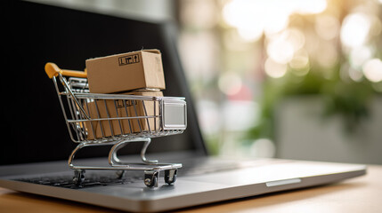 ノートパソコンとショッピングカート、オンラインショッピング, eコマース, デジタル決済