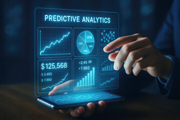 Person interacting with a futuristic holographic display of predictive analytics and financial data hologram