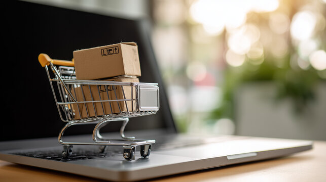 ノートパソコンとショッピングカート、オンラインショッピング, eコマース, デジタル決済