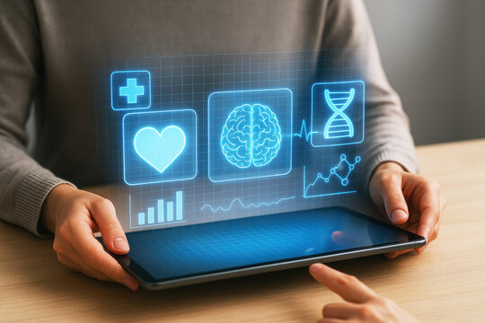 Person holding a tablet displaying a futuristic medical interface with icons technology hologram