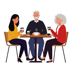 Multigenerational family enjoying coffee and conversation at a cafe.