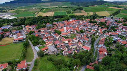 Aerial panorama view of the old town in the city Markt Einersheim in Bavaria in Germany on a sunny day in spring