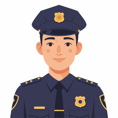 Portrait of a friendly and smiling male police officer in a professional uniform. A positive vector illustration representing community safety, law enforcement, and public trust