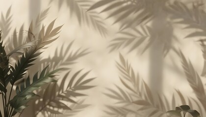 Obraz premium Beige Wall with Abstract Tropical Leaf Shadow Overlay