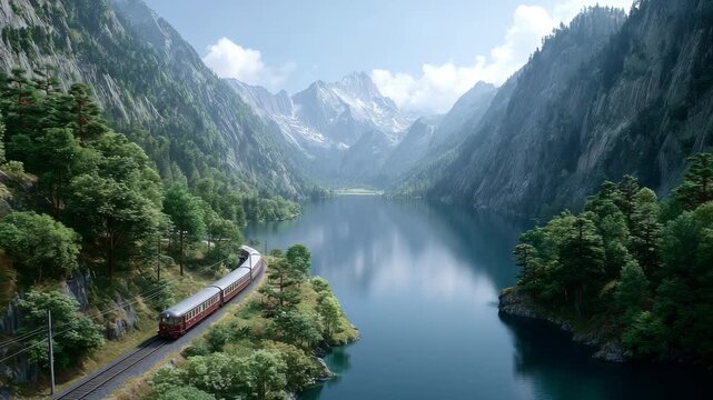 Landscape Video, shot of a side view of train driving through a valley, the atmosphere surrounded by lake, trees and mountain, realistic, cinematic
