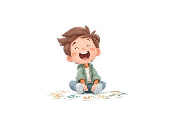 A laughing boy sitting at a tablet watching an animated lesson with bright curiosity, 3d animation, isolated on a white background