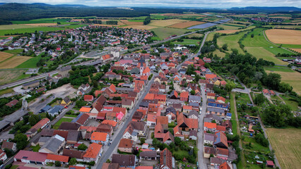 Aerial panorama view of the old town in the city Markt Bibart in Bavaria in Germany on a sunny day in spring