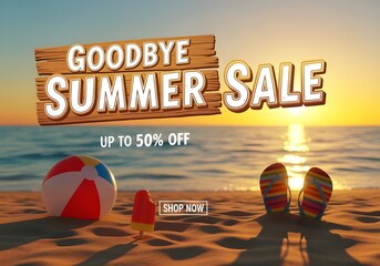Goodbye Summer Sale Banner with Beach Sunset and Discount Promotion