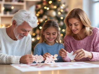 Family Creating Holiday Crafts Together in Cozy Atmosphere with Christmas Tree and Soft Lights in Background