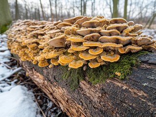 Vibrant Orange Fungi Growing on Fallen Log Surrounded by Forest Environment and Soft Snowy Ground