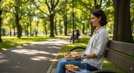 Fototapeta premium A young woman enjoys a healthy lunch outdoors, sitting on a park bench with two bento boxes and a water bottle in a sunny, green park setting, captured in a medium shot.