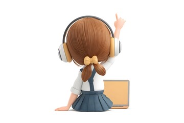 A little girl with pigtails wearing headphones and raising her hand during a virtual class, 3d animation, isolated on a white background
