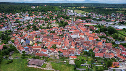 Aerial panorama view of the old town in the city Scheinfeld in Bavaria in Germany on a sunny day in spring