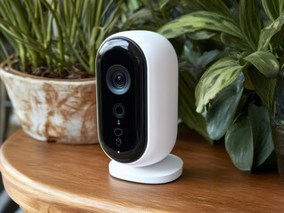 Modern indoor security camera on a wooden table with greenery background showcasing sleek design and technology
