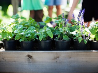 Fresh Green Herb Plants Growing in Black Pots in a Garden Bed at an Outdoor Gardening Event with People in Background