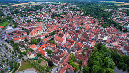 Aerial panorama view of the old town in the city Neustadt an der Aisch in Bavaria in Germany on a sunny day in spring