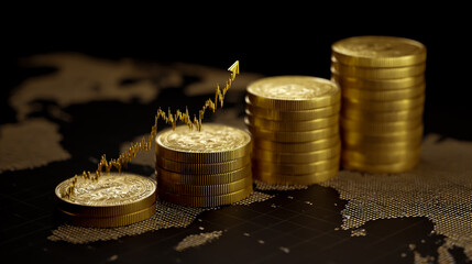 3D rendering of gold coins with a stock market graph and an upward-pointing arrow on a world map background