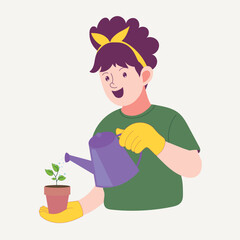 Adorable child watering a small green plant in a pot with a purple watering can. Great for eco gardening, sustainability, education, family, and environmental awareness design