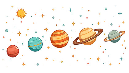 Colorful Cartoon Solar System Planets with Stars and Sun for Educational Space Illustration