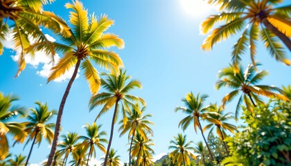 A serene tropical landscape featuring tall palm trees against a backdrop of a blue sky with some clouds.