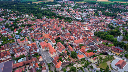 Aerial panorama view of the old town in the city Neustadt an der Aisch in Bavaria in Germany on a sunny day in spring