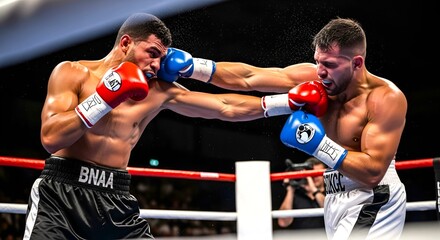 Two boxers exchanging punches during a boxing match in a brightly lit boxing ring with a dark background