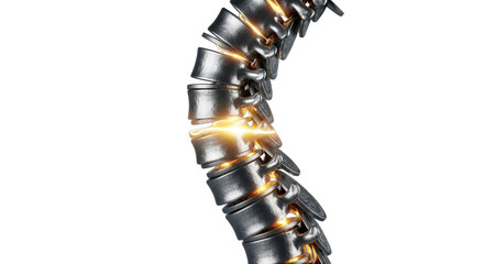 Metallic human spinal column with glowing energy indicating pain relief, healing, and healthy back function, ideal for chiropractic, wellness, and medical advertising or anatomy education,