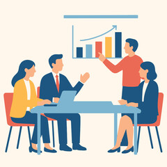 Business Strategy Meeting: A group of business professionals engaged in a collaborative meeting. A person uses a presentation to talk about increasing sales.