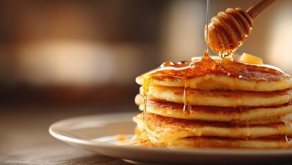 Stack of pancakes being drizzled with honey