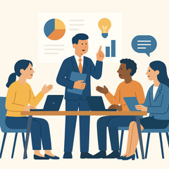 Leading with Insights: A team of professionals collaborates in a dynamic business meeting, engaging with data-driven insights and creative concepts displayed on a whiteboard.