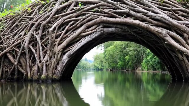 Intricate root bridge over a calm river