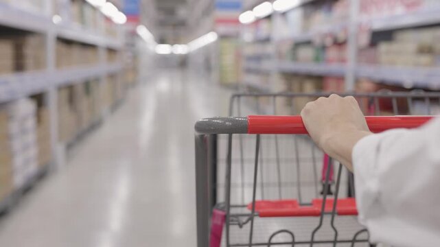 Close up candid hand of woman with shopping cart perspective in well-lit supermarket aisle, retail customer daily life grocery shopping journey, store interior consumer path purchase experience