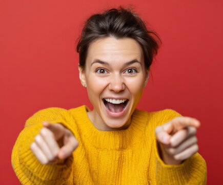 A woman in a vibrant mustard yellow sweater directs a joyful gaze outward, pointing directly at the viewer against a bold crimson backdrop.
