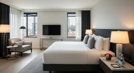 Hotel room with a bed chair TV and bedside tables featuring city views through the windows