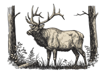 Isolated Elk Illustration Amidst Trees On Transparent Background