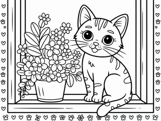 Cute Cat in Window Coloring Page Printable Kitten and Flower Drawing for Kids