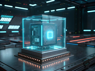 Glowing Cyan A I Chip Inside Transparent Glass Cube on Metallic Platform Futuristic Technology Setting