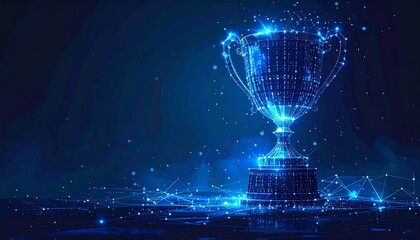 Digital trophy cup illuminated with binary code on a dark blue technology background. Concept idea for sport achievement, competition success and futuristic awards 