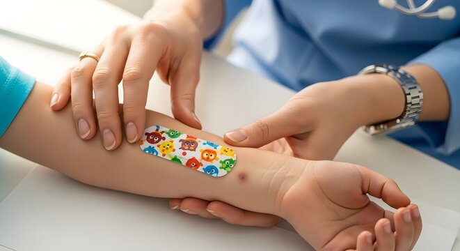 A brightly lit, close-up shot shows a reassuring doctor applying a colorful patterned bandage to a child's arm in a clean clinical setting. - Powered by Adobe