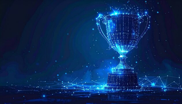 Digital trophy cup illuminated with binary code on a dark blue technology background. Concept idea for sport achievement, competition success and futuristic awards 