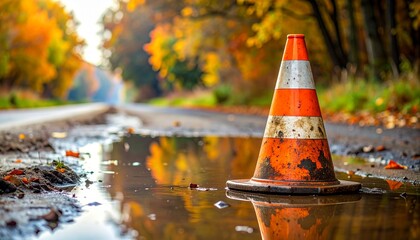 Traffic cone stands in a puddle on a road during the autumn season with colorful trees. Concept idea for road construction warning, work zone safety and highway maintenance awareness