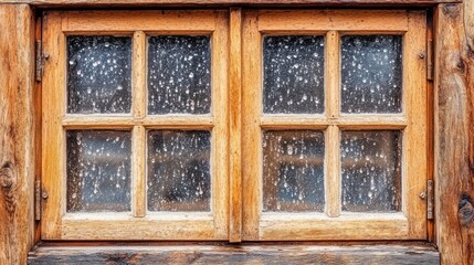Rustic wooden window with rain drops, evoking a sense of nostalgia and old world charm for
