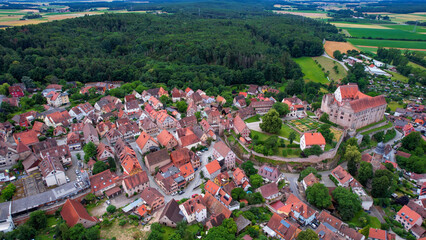 Aerial panorama view of the old town in the city Cadolzburg in bavaria in Germany on a sunny day in...