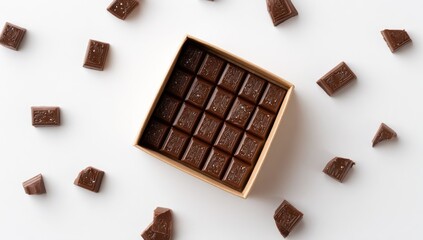 Square box of dark chocolate pieces surrounded by broken pieces