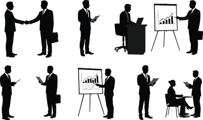 Fototapeta premium Silhouettes of business people shaking hands, discussing reports, presenting charts, working on laptops, corporate meeting, teamwork, office communication, professional business interaction