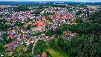 Aerial panorama view of the old town in the city Cadolzburg in bavaria in Germany on a sunny day in...