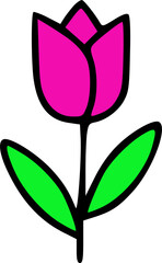 A simple, hand-drawn illustration of a vibrant pink tulip with green leaves and a black outline, depicting a cheerful floral design.